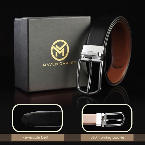 Image of Belts for Men Leather Original, Reversible Black & Brown Formal & Casual Italian Leather Belt with Solid Metal Curved Buckle