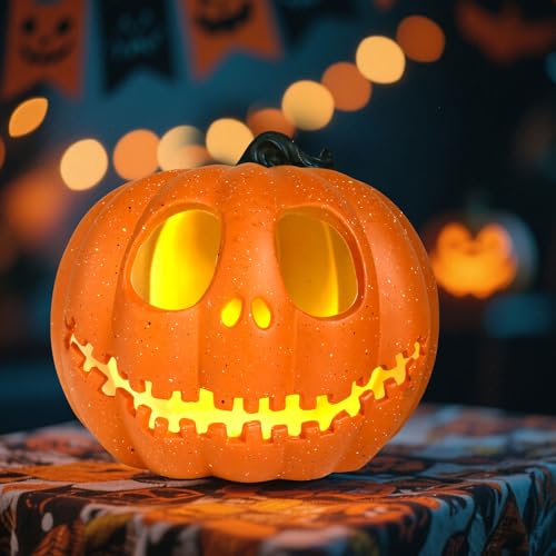 Halloween Deko LED Kürbis Laterne Kunststoff Leuchtende Kürbisse Laterne Halloween Deko Outdoor Kürbis Lichter Beleuchtete Kürbislaterne mit Gesicht für Erntedankfest Helloween Herbstdeko (B)