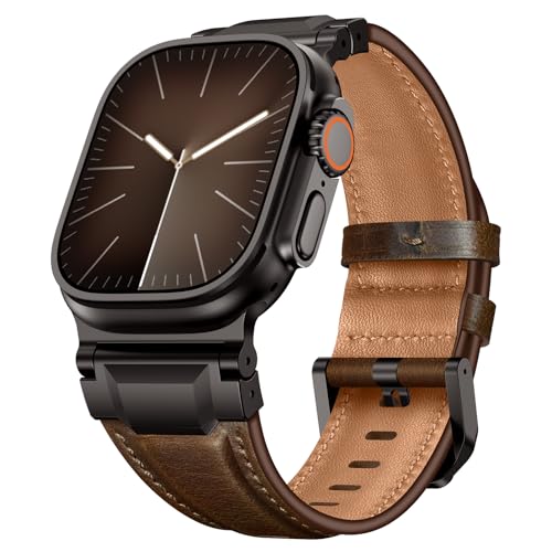 LOIRNBR Leather Bands Compatible with Apple Watch Ultra 3/2/1 Band 49mm 46mm 45mm 44mm 42mm Genuine Leather Metal Connector Strap for iWatch Ultra Series 11/10/9/8/7/SE/6/5/4/3/2/1 Dark Brown/Black