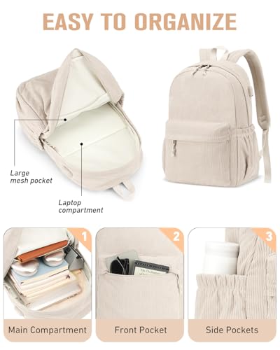 School Backpack for Teens Girls Boys, Large Corduroy College Bookbag Lightweight Backpack Purse for Women Fit for 15.6 Inch Laptop (Beige)2
