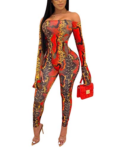 Remelon Women's Sexy Jumpsuits 2 Piece Outfits Off Shoulder Long Sleeve Bodysuit Long Pants Clubwear Set