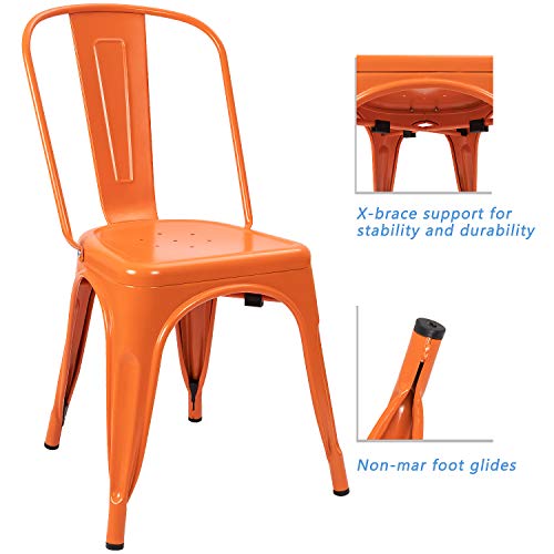 Image of Devoko Metal Indoor-Outdoor Chairs Distressed Style Kitchen Dining Chairs Stackable Side Chair with Back Set of 4 (Orange)