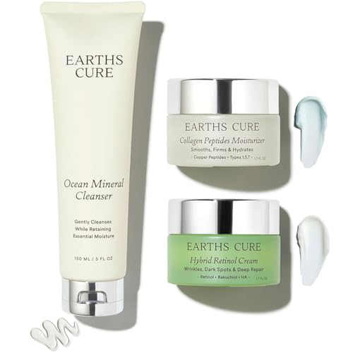 EarthsCure 3 Step Anti-Aging Routine - Simple Routine for Wrinkles Dark Spots and Smoother Skin. Contains Ocean Minerals Nano Peptides & Vegan Retinol. Sensitive Skin Safe.