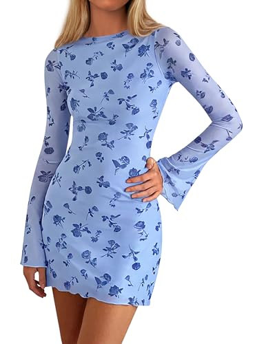 PRETTYGARDEN Women's 2025 Fall Fashion Floral Long Sleeve Mini Dress Mesh Bodycon Short Party Date Night Going Out Dresses