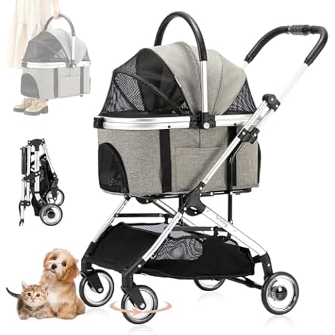 LPOTIUS 3-in-1 Pet Stroller with Detachable Carrier for Small Dogs and Cats, Folding Jogger Stroller with Zipperless Canopy and Storage Basket, Lightweight Pet Travel Carrier Trolley Car Seat, Gray Cover