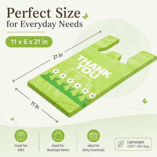 Image of YoYoRain 1000 Pack Green Thank You T-Shirt Bags with Handles, 11.5 inch x 6.25 inch x 21 inch, Reusable & Disposable Grocery Shopping Bags for Retail & Takeout