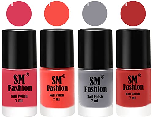 Image of Nail Polish Combo Set (Pack of 4) Quick Dry Gel Finish Nail Paint | Rose,Coral,Gray,Coral Pink | 7 ml Each