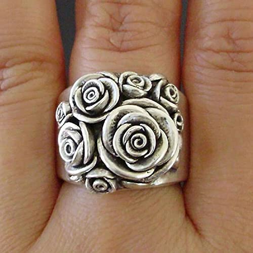 KOICCVQQ Fashion Trend Silver Rose Flower Ring for Woman Exquisite Shiny Charming Temperament Style Boho Faux Novel Design Gothic Rebellious Sadness Totem Amulet Ring Gift Engagement Size 102