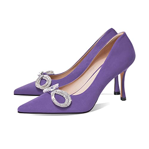 Arqa Bows Heels for Women,Rhinestone Bowknot Pointed Pumps Wedding Stilettos Party High Heels