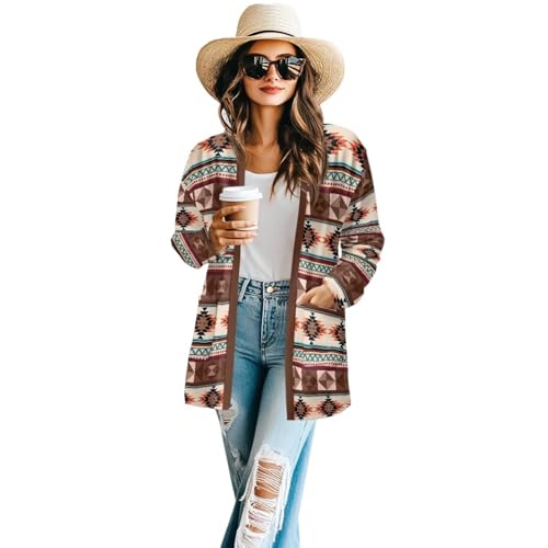 Image of Women's Aztec Open-Front Jacket Lightweight Casual Outerwear Native Western Aztec Pattern & Plaid Houndstooth Print