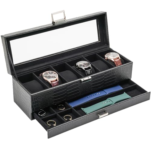 ProCase Watch Box, 6 Slot Watches Display Case with Drawer, Mens Watch Case with Glass Lid, 2-Layer Mens Jewelry Organizer Storage Holder, Birthday Va