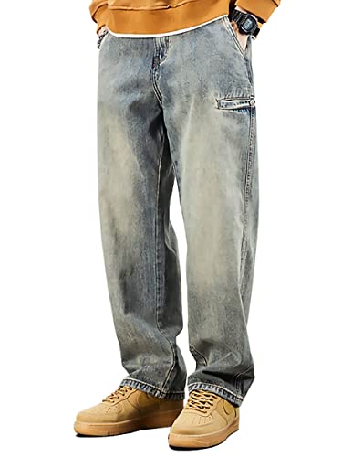 Men's Baggy Jeans Relaxed Straight Leg Jeans Washed Denim Loose Fit Work Dungaree Yellow Mud 31