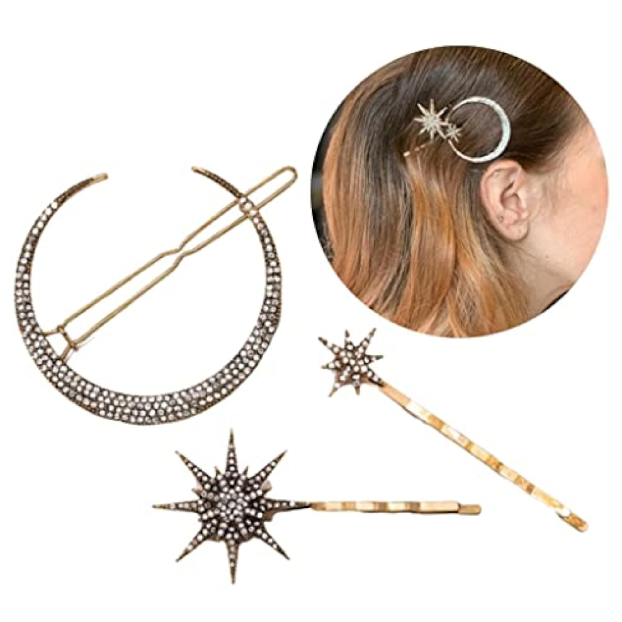 Retro Geometry Hairpin Set, Diamond Moon & Snowflake Design