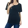 Smallshow-Womens-Maternity-Nursing-Tops-Short-Sleeve-Breastfeeding-Clothes Smallshow 3 Pcs Maternity Nursing T-Shirt Nursing Tops White Stripe-Black-Grey Medium
