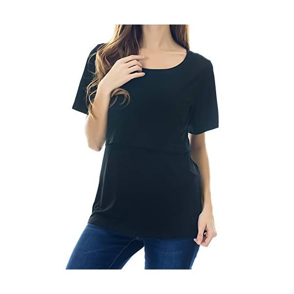 Smallshow-Womens-Maternity-Nursing-Tops-Short-Sleeve-Breastfeeding-Clothes Smallshow 3 Pcs Maternity Nursing T-Shirt Nursing Tops White Stripe-Black-Grey Medium