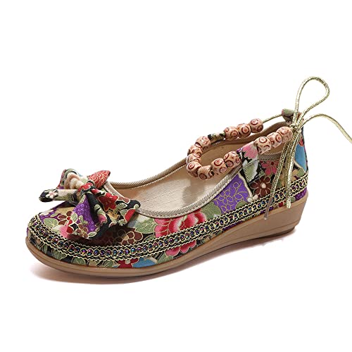 Tangdao Women's Retro Women Ethnic Beading Round Toe Floral Embroidered Shoes Women Lace Up Casual Ballet Flats Shoes(8.5 M Us,Bow Black) #TOP26