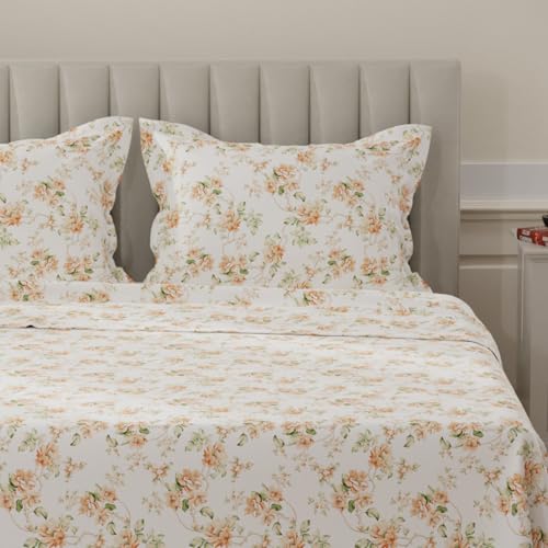 Image of Layers 100% Cotton Bedsheet for King Size Bed | Lumina Floret Collection | 144 TC Soft & Breathable | Printed with 2 Pillow Covers | Wrinkle Free & Colorfast | 3 Piece Bedding Set - Orange & White