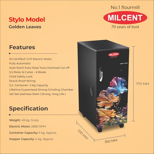 Image of Milcent Stylo Automatic Flour Mill | 1 HP ISI Motor | Stainless Steel Container | Child Safety Lock | 5 Year Motor Warranty | Domestic Atta Chakki for Home Use (Golden Leaves)