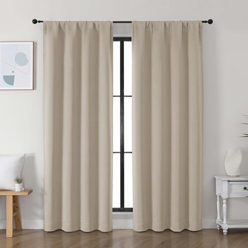 Image of Simplebrand Ava Biscotti Beige Blackout Curtains for Bedroom 72 Inch Length 2 Panels Set, Privacy Thermal Insulated Rod Pocket Door Window Curtains for Patio French Front Door, W40 x L72 Inch