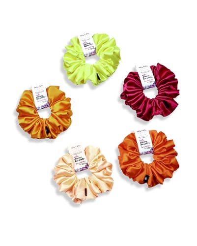 Image of Satin Scrunchies Hair Bands for Women | No-Damage Elastic Hair Ties for Ponytails & Buns | Fluffy & Stylish Rubber Bands | Extra Large Size | Pack of 5