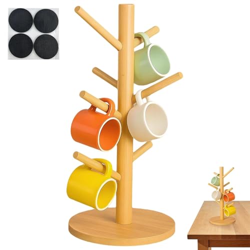 JIUCHAOTONG Mug Tree 6 Mugs Mug Holder Wooden Mug Rack Tree Coffee Cup Stand with 4 Round Non-Slip Pads for Counter Coffee Mugs Rack Organizer