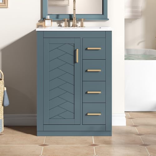 Image of 24 Inch Bathroom Vanity with Ceramic Sink, Cabinet and 3 Drawers, Modern Freestanding Vanity for Small Bathroom (Blue)