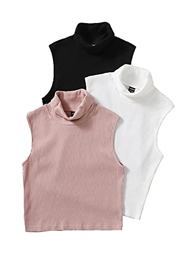 turtleneck tank top - SheIn Women's 3 Pieces Turtleneck Neck Tank Top Sleeveless Rib Knit Tops Multicoloured Large