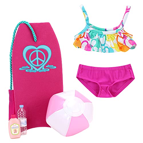Sophia's Bubble Bikini and Beach Accessories Set with Bodyboard, Beach Ball, Water Bottle, and Suntan Lotion 5 Piece Set for 18