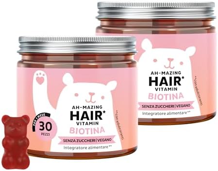 Biotina Gummies Ah-mazing Hair – Integratori per Capelli – Formula Potenziata – 10.000 µg di Biotina, Zinco, Vitamina B6, C, E e Iodio – Pack 2x30 (2 Mesi), Vegane, Senza Zucchero, Bears with Benefits