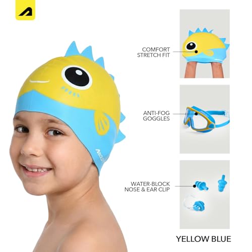 Image of Boldfit Dino Theme Kids Swimming Set, 5-in-1 Combo with Silicone Swim Cap, Anti-Fog Adjustable Goggles, Earplugs & Nose Clip, Leak-Proof, Comfortable & Durable Swim Kit for Boys & Girls