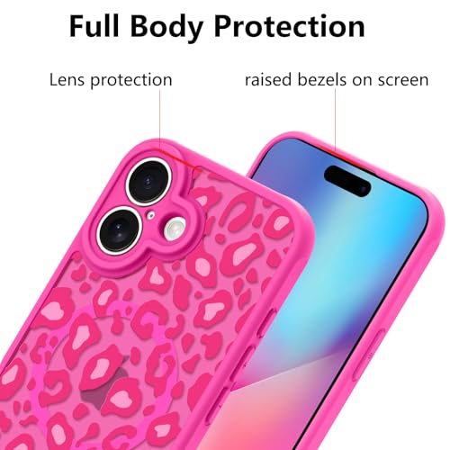 Image of KANGHAR Case for iPhone 16 Plus Hot Pink Leopard Printed Pattern | [Compatible with Magsafe] Protective Magnetic Case for Girls Women 6.7 inch