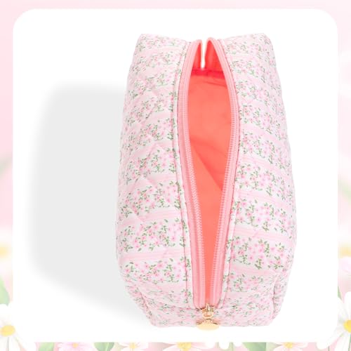 Floral Makeup Bag Travel Cosmetic Bag Organizer Aesthetic Quilted Cute Pink Flowers Zipper Toiletry Make Up Pouch Portable Cloth Storage for Women Girls Pen Case3