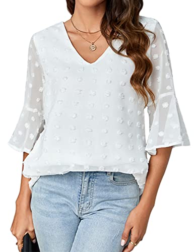 Blooming Jelly Womens Chiffon Blouse Summer Casual Round Neck Short Sleeve Pom Pom Shirts Top
