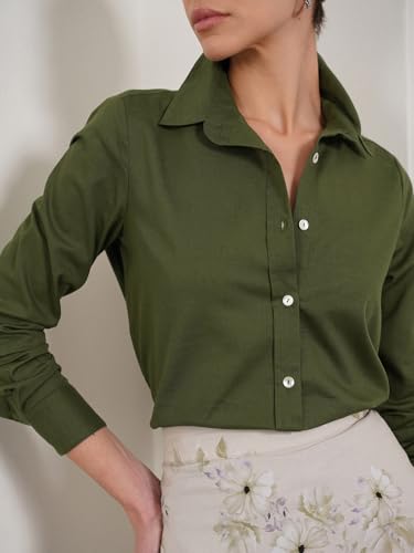 Image of FableStreet Women Shirt | Striped Long Sleeve Polo Collar Button Down | Breathable Linen Blend Fabric | Business Casual & Formal Wear