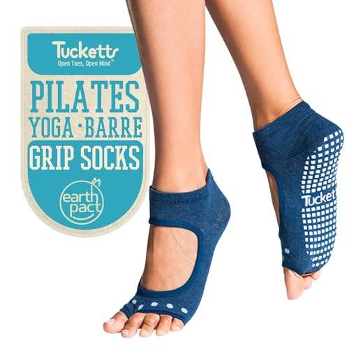 Image of Patented Barefoot Toeless Pilates Grip Socks, Allegro, Non-Slip for Women | Reformer, Yoga, Barre, Dance, 70% Recycled Cotton, Traction Pattern, Left Right Specific Knit, Wide Feet Friendly, Washable