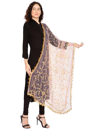 Image of ZEN APPAREL Women's Embroidered Net Dupatta with Lace Borders (Z-101) Premium Net Fabric Golden Aari Work