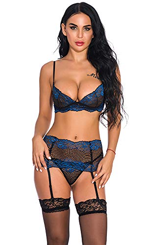 Qiaoer Women Lingerie Set with Garter Belts Push Up Sexy Bra and G-String (Blue 2, XL)