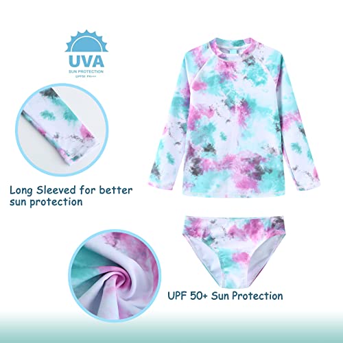 Image of Girls Long Sleeve Rash Guard Set Tie Dye Bathing Suits Two Piece Swimsuits for Kids Swim Shirts 3-16 Years