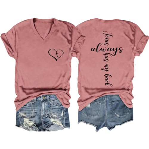 Image of Jesus Christian Shirts Womens Jesus Always Has My Back Tshirt Religious Faith T-Shirt V Neck Inspirational Funny Top