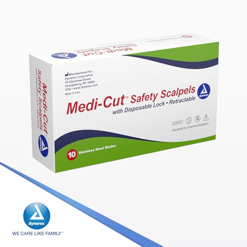 Dynarex Medi-Cut Disposable Scalpel - Retractable Safety Scalpel with Lock - #11 Stainless Steel Blade - Individually Wrapped & Sterilized - Box of 10