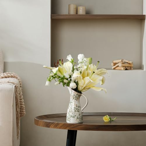 Image of Ceramic Flower Vase | Green Rustic Farmhouse Pitcher Vase for Home Decor, Vintage Floral Tuscan Decorative Vase for Living Room & Kitchen, Mantel & Bookshelf, Centerpieces, Entryway, Wedding(7.3 Inch)