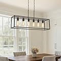 Boncoo 6 Light Black Chandeliers for Dining Room, Adjustable Height Linear Chandelier Kitchen Light Fixture, Modern Farmhouse Chandelier Rectangle Island Light for Kitchen Hanging Light Fixtures