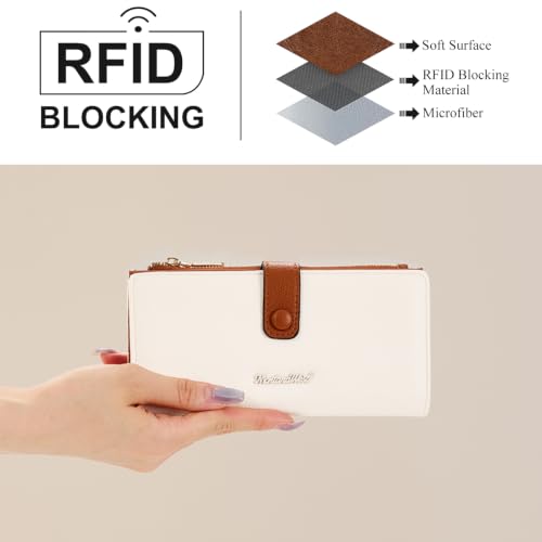 Image of Beige Wallet Women Bifold Long Wallets RFID Blocking Card Holder Wallets
