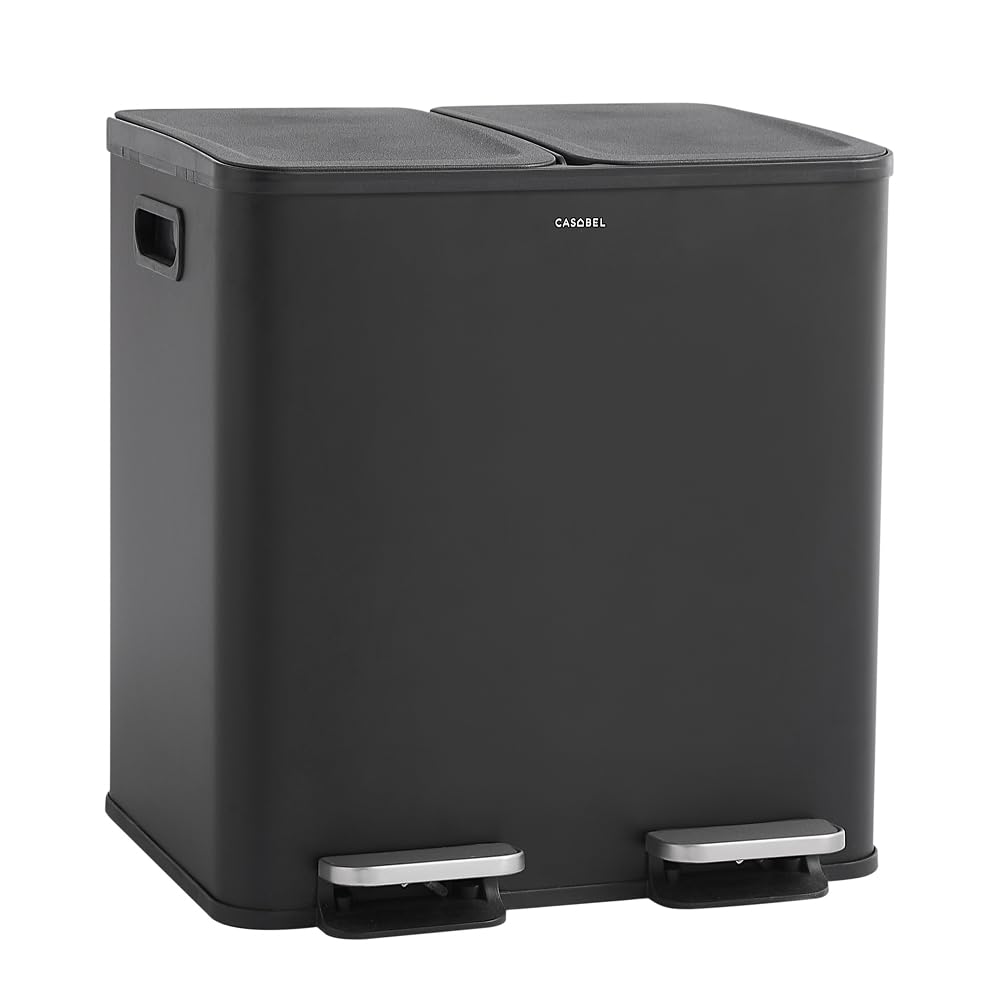 CASABEL Doppel-Küchenmülleimer 2x15L aus Edelstahl, fingerabdruckresistent, luftdichte Deckel mit Fußpedal, ideal für Recycling in Küche, Bad oder Büro - Schwarz