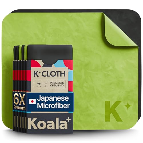 Koala Lens Cleaning Cloth | Japanese Microfiber | Glasses Cleaning Cloths | Eyeglass Lens Cleaner | Eyeglasses, Camera, VR/AR Headset, and Screen Cleaner | Black & Green (Pack of 6)