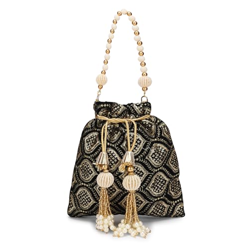 Image of LONGING TO BUY Indian Embroidered Pearl Potli Bag For Women, Sequence Design with Tassel, Wedding Potli Bags