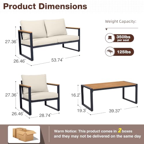 Image of Patio Furniture Set, 4 Pieces Outdoor Patio Furniture with Coffee Table Set, Metal Patio Conversation Sets with Washable and High-Resiliency Sponge Cushions, Upgarded Beige