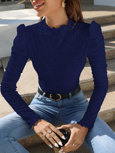 Image of Sugathari Girl's & Women's Spring /Summer Slim Fit High Neck T-Shirt with Stand Collar, Cap Sleeves and Eyelet Embroidery Frill Trim Tee Textured Sheer Fabric (T-Shirts 194 $P)