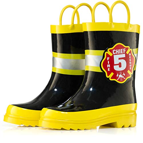 Puddle Play Rubber Rainboots 100% Waterproof - Easy-on Handles Yellow Fire Chief Size 1 Little Kid2