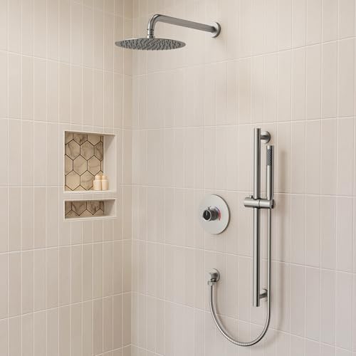 Sistema de ducha eléctrica lluvia redonda de alta presión de 10" con barra deslizante y ducha de mano, grifería para baño montaje en pared con válvula (Níquel cepillado) miniatura 2